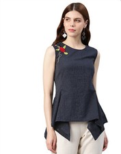 Stylish Indian Cotton Embroidered Sleeveless Regular Tunic Tops for Women Blue 