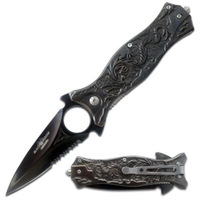 8'' DARK FANTASY BLADES DRAGON PRINTED SPRING ASSISTED METAL FOLDING KNIFE BLACK