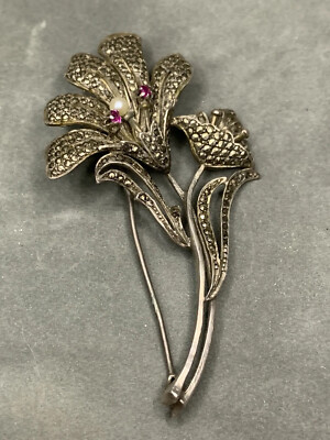 Ruby Pearl Brooch Sterling Flower Marcasite Pave Silver Tested Signed Vintage