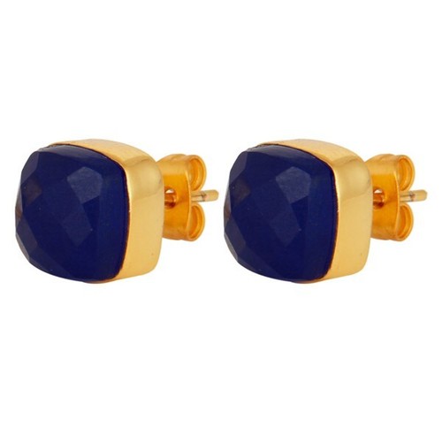 Cushion Shape Blue Aventurine Yellow Gold Plated Stud Earring Gift For Women's - Picture 2 of 5