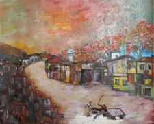 Vintage Post Impressionist cityscape landscape oil painting