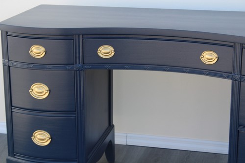 1970's Chippendale Pedestal Blue Desk of Seven Drawers, Blue Desk, Walnut Desk - Picture 3 of 11