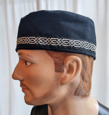 Men's Black Cotton Kufi Fez Cap with Saxon Knot Trim  Men's and Woman's Cap