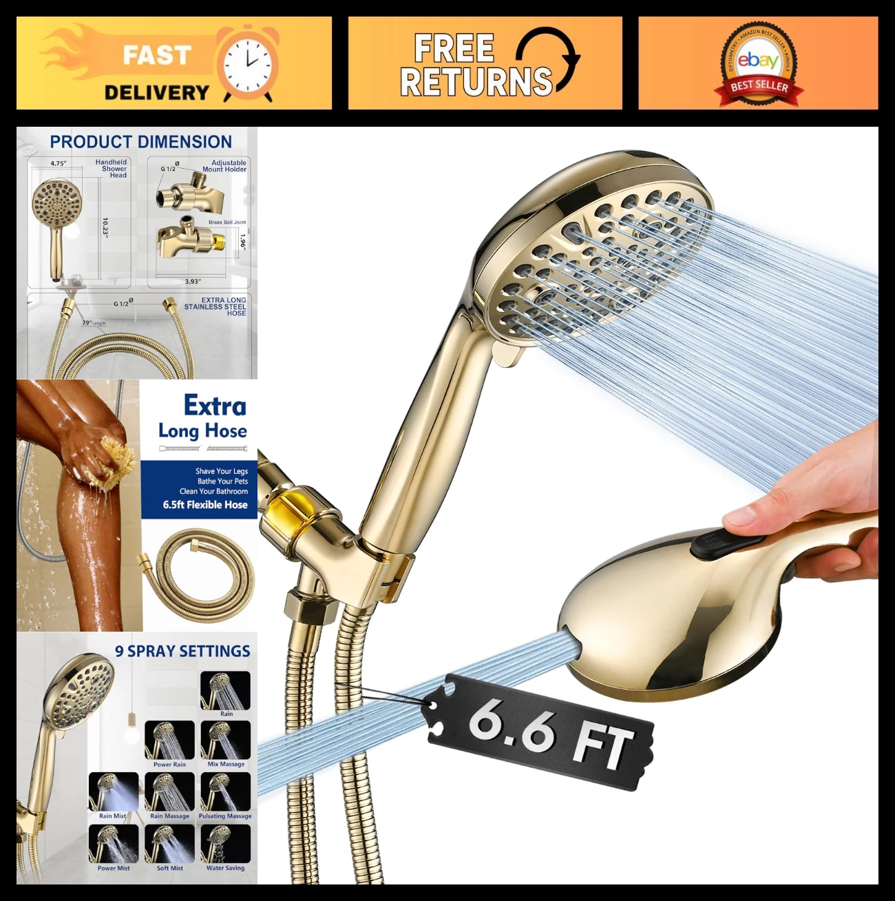 High Pressure 10-Setting Handheld Shower Head with 79" Stainless Steel Hose & Po