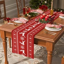 Red Christmas Table Runner 72 Inches Long - Reindeer Snowflake Design Table...