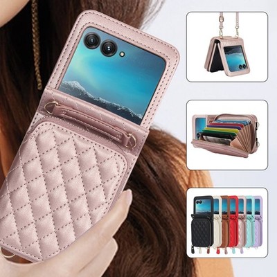 For Motorola Razr/Razr+ 2025/2024/2023/60 Ultra Leather Zipper Wallet Case+Strap
