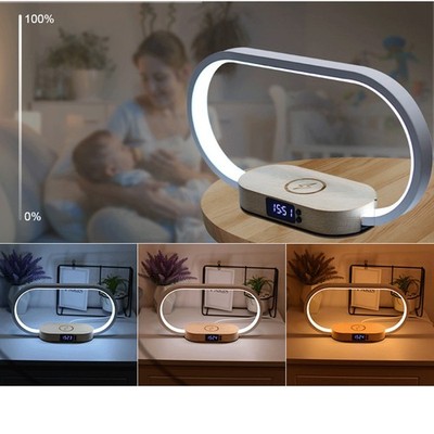 Wireless Charging Station Lamp 10W - Oak Wood Base, HD Clock, Soft Reading Light