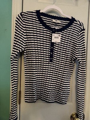 American Eagle Navy White Striped Cotton Henley Sweater M Button Long Sleeve
