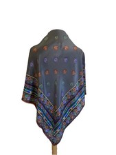 H77 The Specialty House Japan Silk Scarf Gray Multicolor Floral Geometric Print