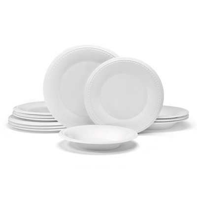 Fitz & Floyd Nevaeh White Classic Bead 12-Piece Bone China Tableware Set Service