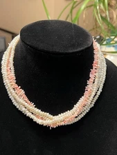 ESTATE LUCAS ROBERTS STERLING 925 5-STRAND WHITE PEARL ORANGE CORAL NECKLACE 17”