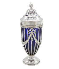 Edwardian Sterling Silver & Blue Glass Pierced Sugar Caster Antique Chester