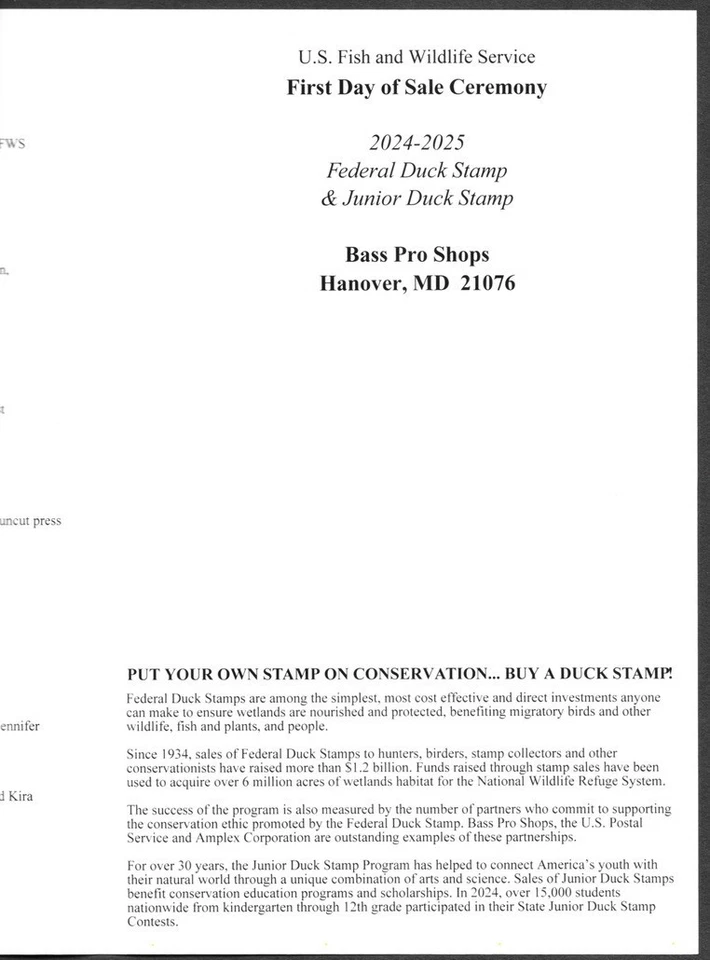 2024 US Federal Waterfowl Duck Stamp RW91 & JDS32 First Day of Issue Program - Image 3 of 4