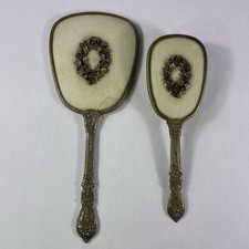 Vintage Gold Tone Hand Mirror and Hair Brush Set Raised Floral Vanity Detachable