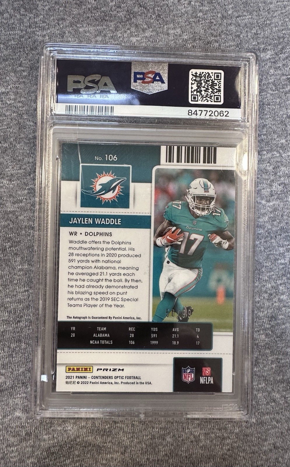 Panini Contenders Optic Jaylen Waddle Rookie Ticket RPS Autos RED PRIZM/99 PSA 9 view 2