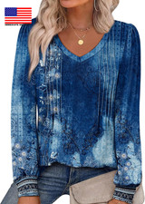 Womens Long Sleeve Shirts Pleated V Neck Curved Hem Fall Winter Tunic Tops Blous