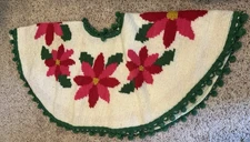 Vintage 66” Poinsettia Cross Stitched Christmas Tree Skirt Pom Pom Edge L@@K!