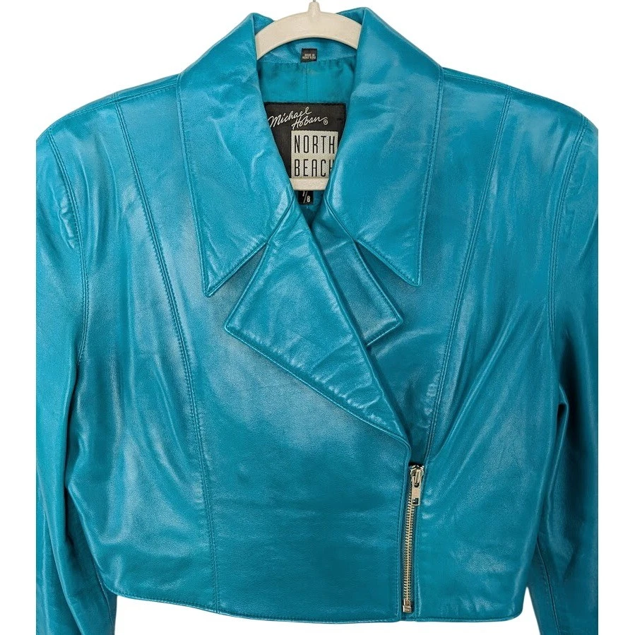 Chaqueta de moto recortada de cuero turquesa Michael Hoban North Beach 7/8 Foto 2 de 4