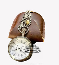 AURA Antique Style Brass Pocket Watch with Chain & Case Vintage Collectible Gift