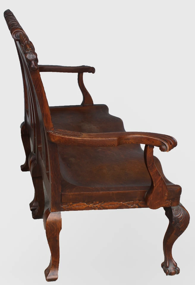 Antiguo Banco de Roble Macizo Aserrado Cuarto con Patas de Garra Talladas - Acabado Original Foto 3 de 4