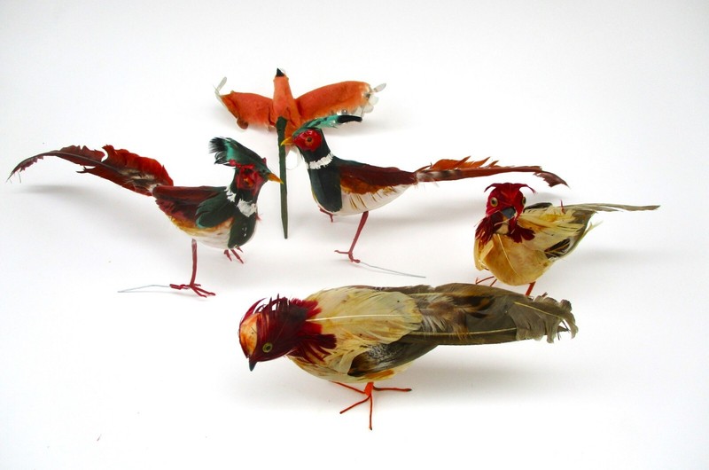 5 Vintage Feathered Bird Christmas Ornaments
