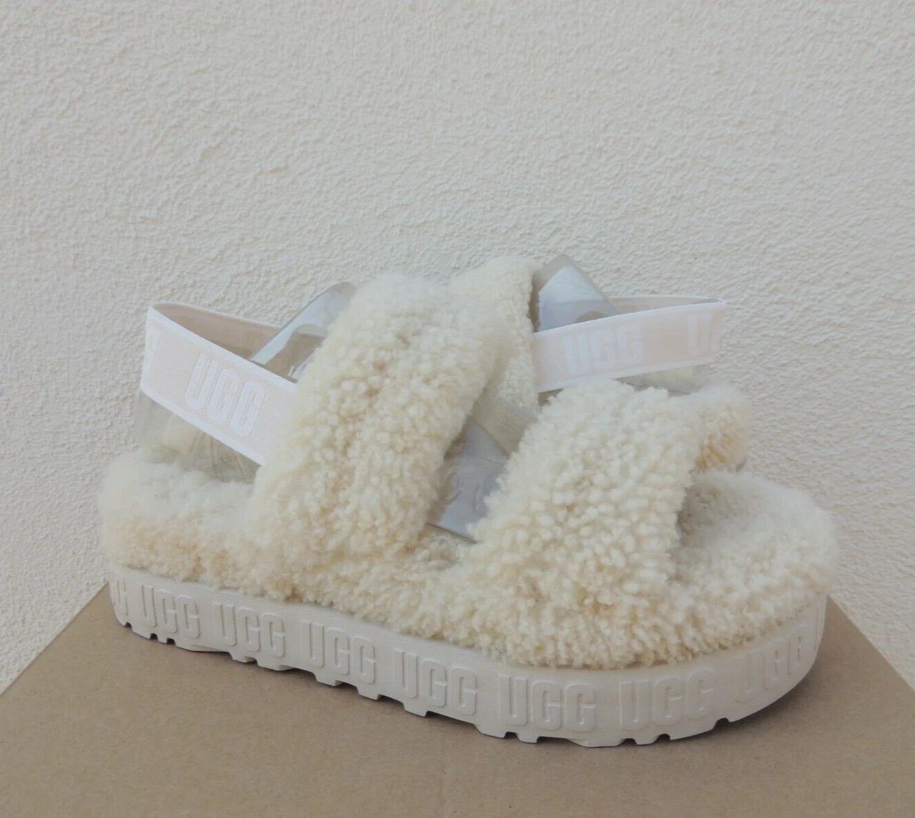 SANDALI UGG NATURAL OH FLUFFITA PELLE DI PECORA FLUFF PLATEAU DONNA US 9 EUR 40 NUOVI CON SCATOLA