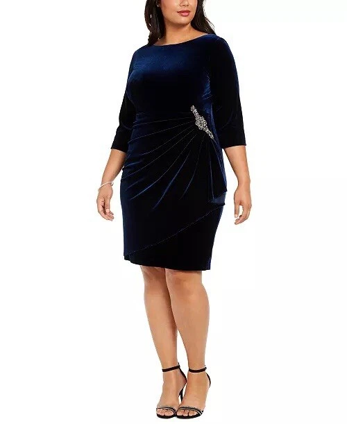 ALEX EVENINGS Plus Size Ruched Velvet Dress Blue Stones Size 16 A000149 - Image 2 of 4