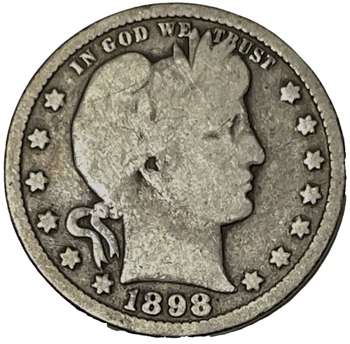 1898 Barber Quarter Dollar 90% US Silver 25c KM 114 Lot B9-111 Very Low Mintage