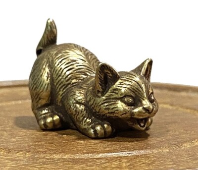 Brass Kitten Cat Animal Statue Small Sculpture Tabletop Figurine Home Decor Gift