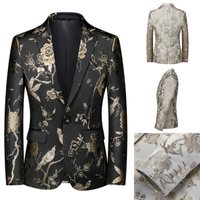 Mens Floral Jacquard Blazer Suit Dress Lapel Jacket Showman Costume Party Chic