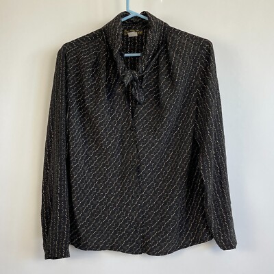 Sonya Ratay for San Andre Womens Printed Tie-Neck Top Size 12 Black Long Sleeve