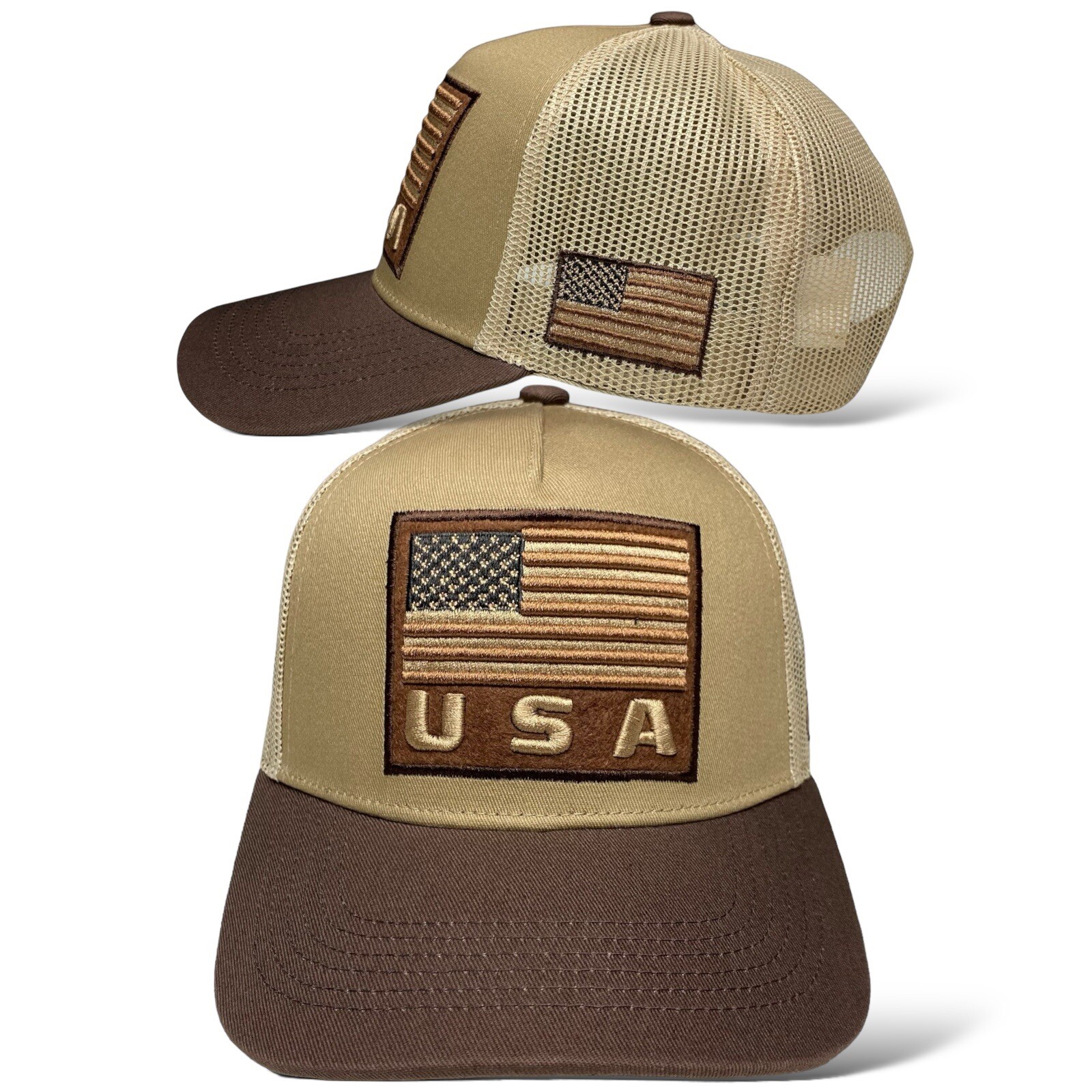  USA Flag Patch Embroidered Snapback Cap, Tan and Brown, Curved brim 