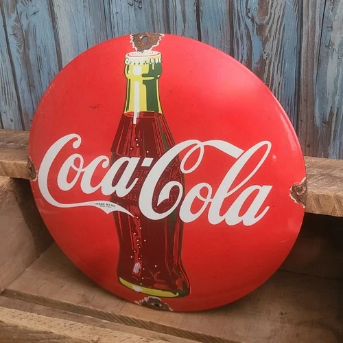 Vintage Coca Cola Coke Bottle Porcelain Soda Pop Advertising Dome Button Sign