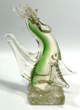 Vintage Murano Style Art Glass Rooster Sculpture Hand Blown Clear and Green 7.5"