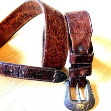 VTG 80s TOOLED LEATHER Western BELT L/XL Silver Buckle  Tip cowboy JUSTIN
