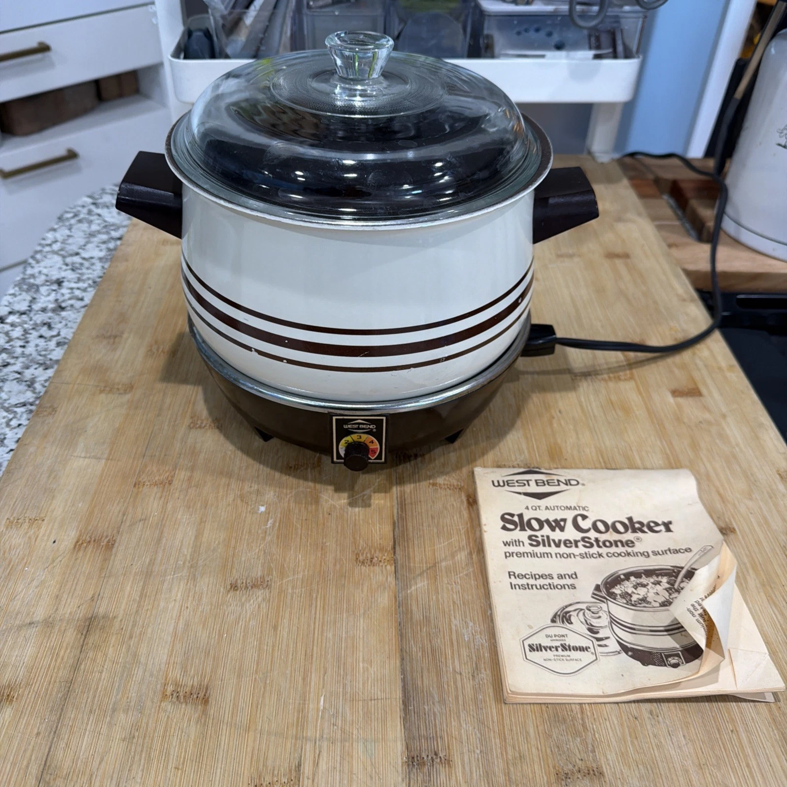 Vtg West Bend Lazy Day 4 Qt Slow Cooker Round Brown Stripe Glass Lid Tested *