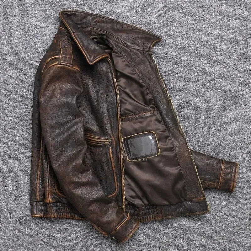 vintage A2 real leather jacket 短丈 Men's Vintage A2 Bomber AIR Force Style Waxed Tan Brown Real