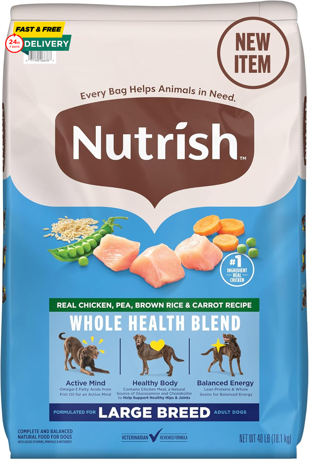 Nutrish Large Breed Real Chicken, Pea, Brown Rice & Carrot Recipe Whole Health B