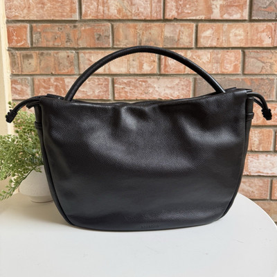 Abbacino Black Pebbled Leather Shoulder Bag Top Handle Magnetic Snap Gold HW