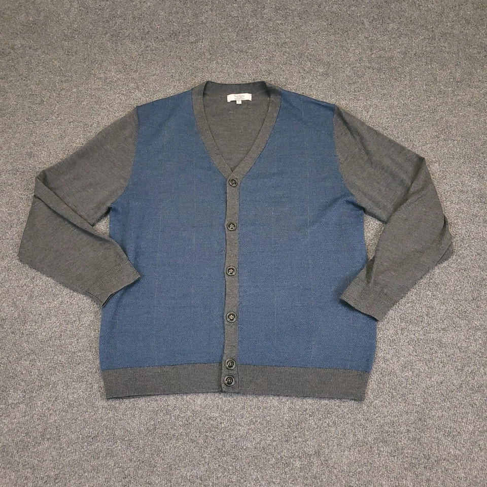 Cárdigan suéter vintage Turnbury mezcla lana merino para hombre grande gris azul cuello en V Foto 2 de 4