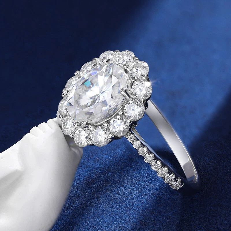 2ct D Color Oval Cut Moissanite Sunflower Ring Women S925 Silver Wedding Band - Image 3 of 4