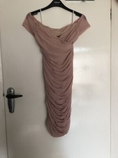 Shein Pale Pink Ruched Off The Shoulder, Mesh wrap Front Mini Dress M