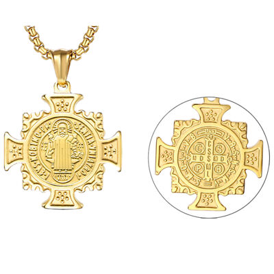 St Saint Benedict Medal Gold Exorcism Pendant Necklace Stainless Steel