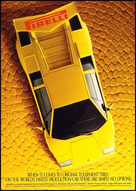 1986 Pirelli Yellow Lamborghini Countach Advertisement Print Art