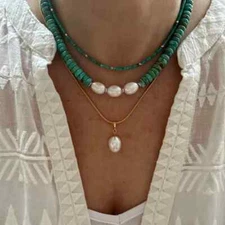 Kingman Turquoise & Pearl Silver Necklace, Modern Formal Casual Everyday Choker