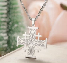 Christian Catholic Silver Jerusalem Cross Pendant Chain Five-Fold Stainless