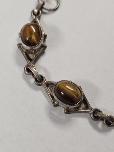 Vintage 925 Sterling Silver Tiger's Eye Bracelet 8" Long - Picture 3 of 5