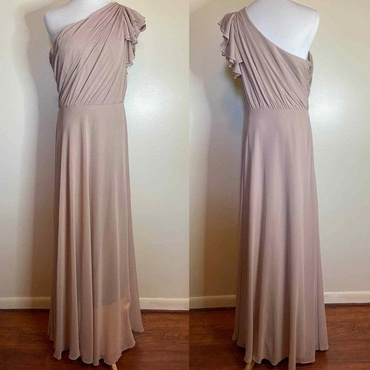Dessy Bridesmaid Dress Size 12 Topaz One Shoulder Lux Chiffon Ruffle Sleeve