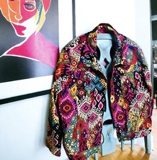 Ruby Road Womens 14 Button Up Cotton Jacket Boho Ikat Tapestry Print 3/4 Sleeve