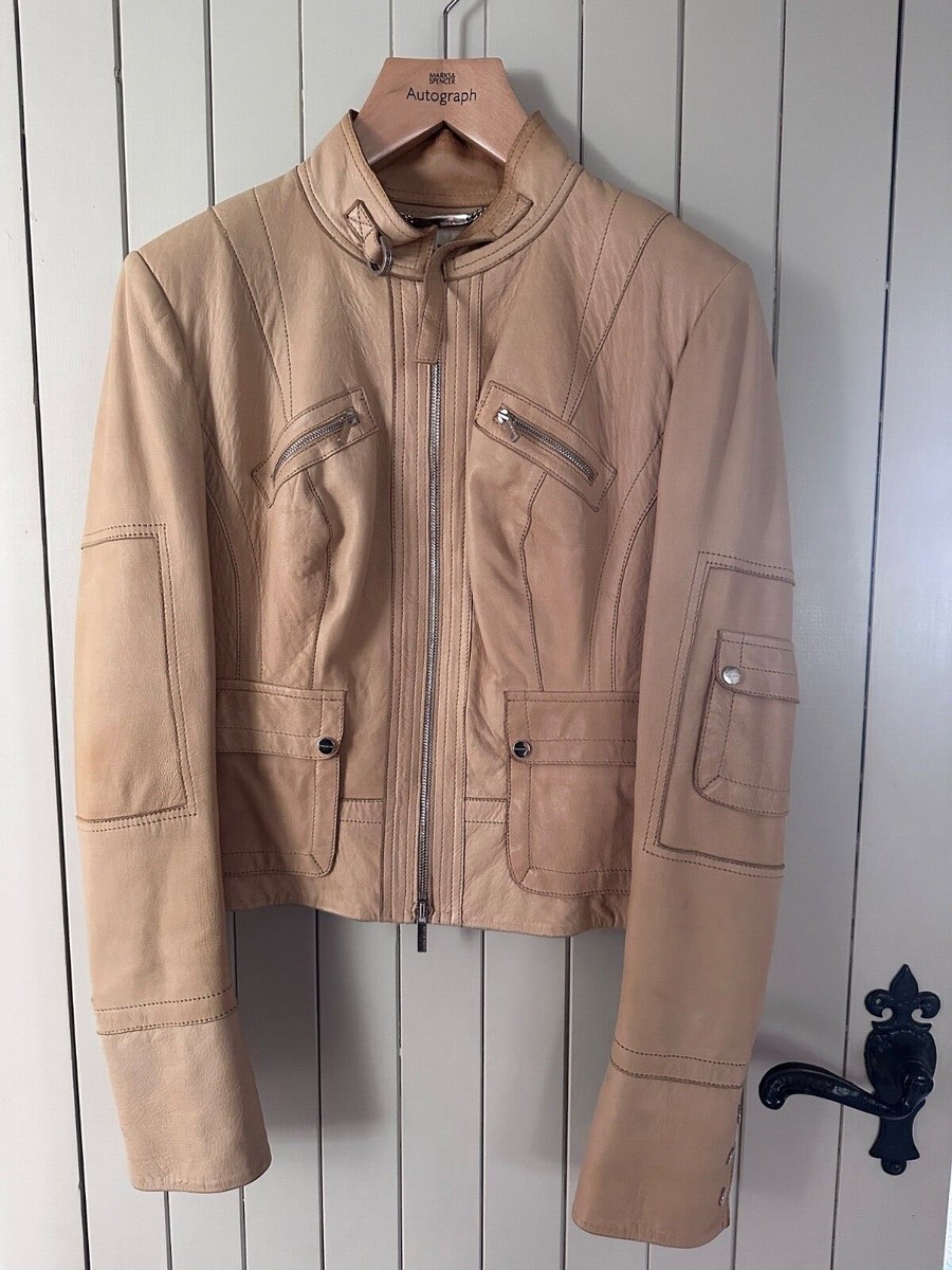 Karen Millen Vintage UK12 US8 Fitted Real Leather Jacket Blonde 